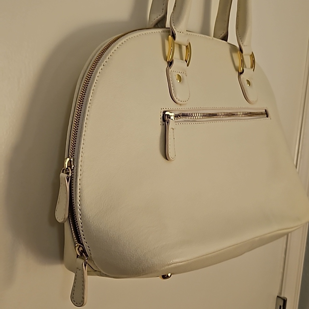 JOY & IMAN Ivory Pebbled SpIit Leather Large Clamshell Satchel Handbag - Picture 7 of 12